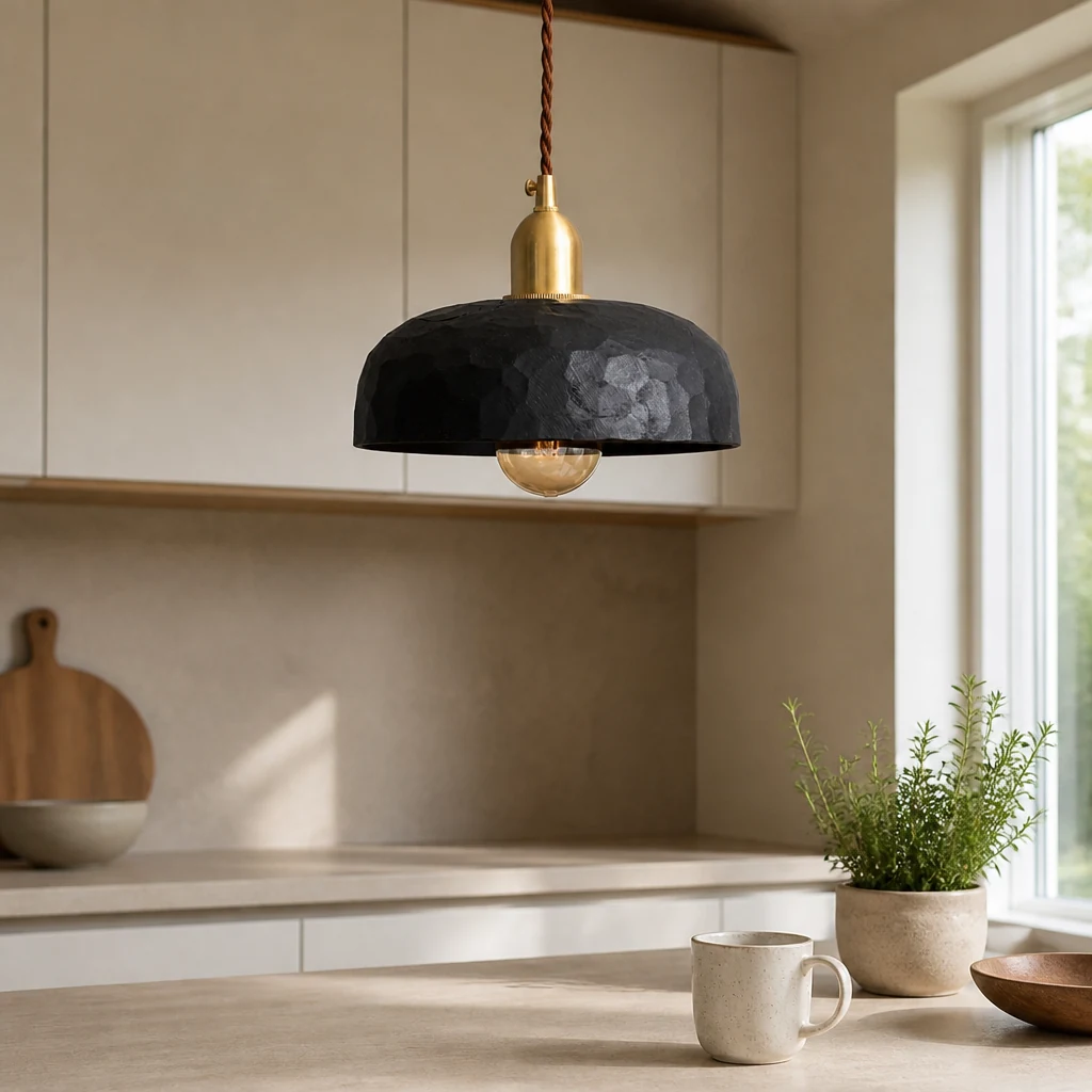 Black hand-carved Wabi-Sabi pendant light above a modern kitchen counter