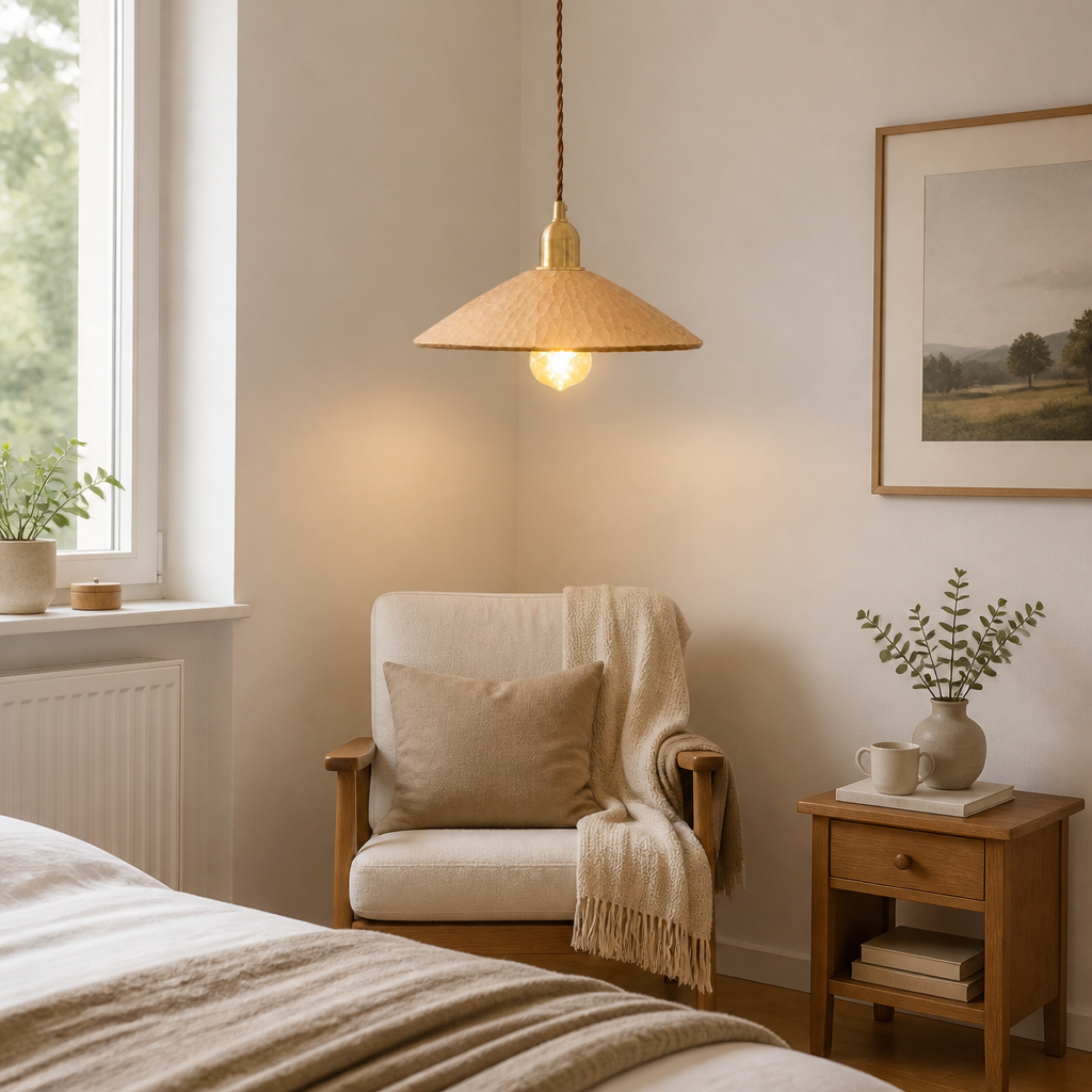 Natural wood pendant light in bedroom reading nook