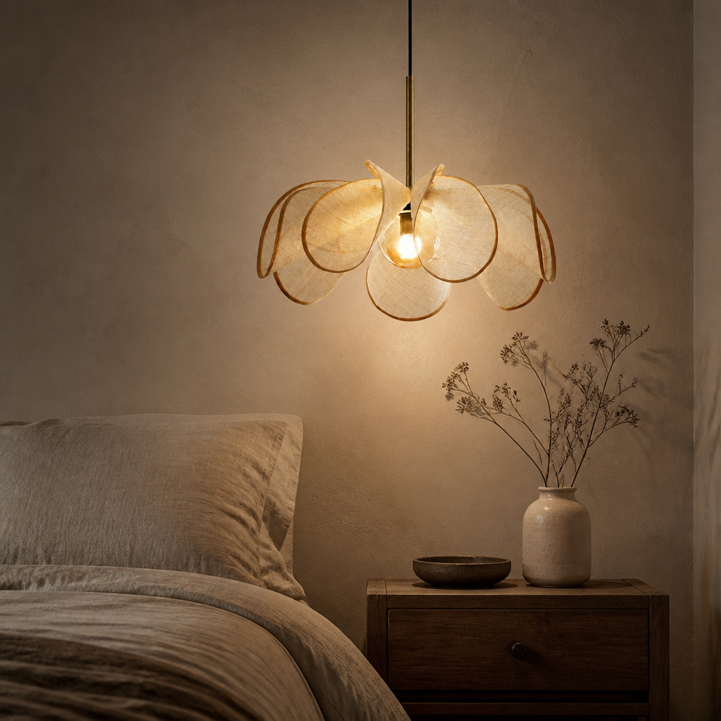 Natural cream petal pendant light in bedroom at night, 60 cm