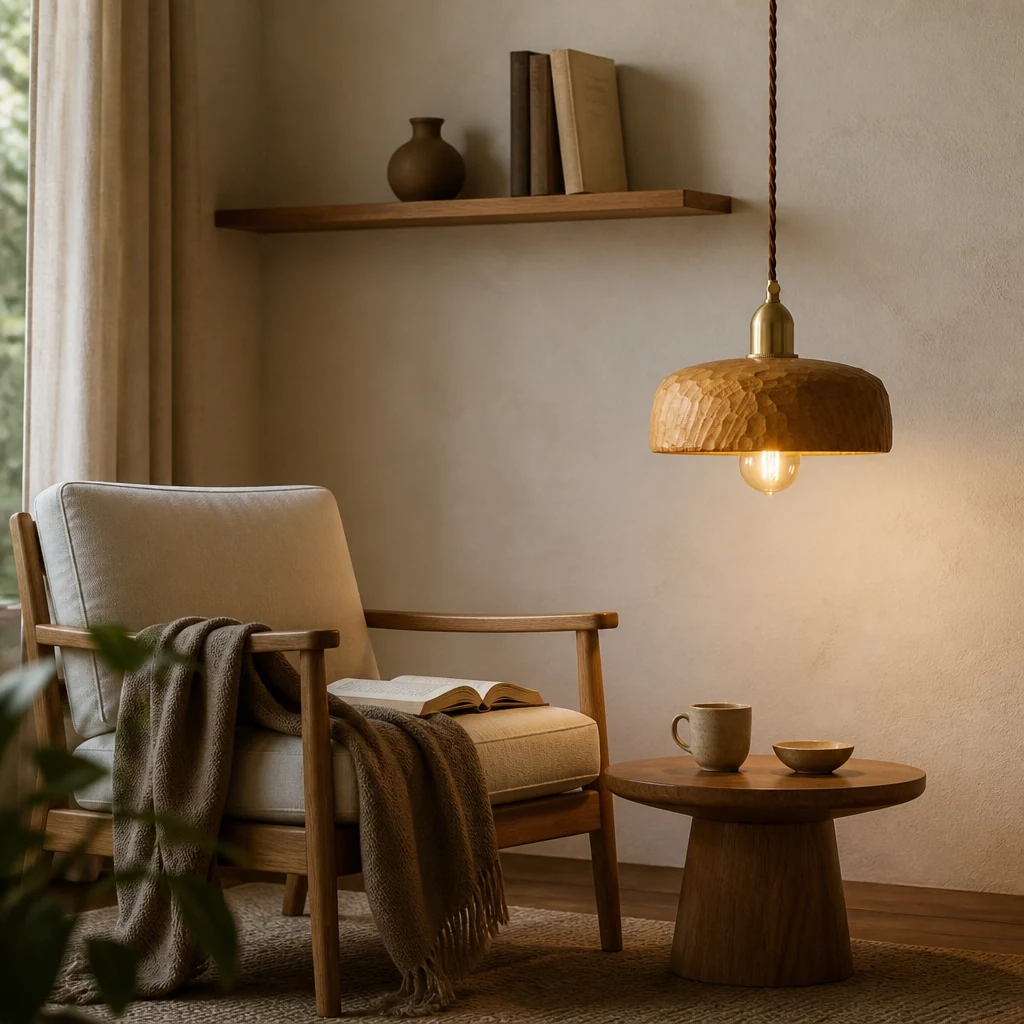 Natural Wood Wabi-Sabi pendant light in a Japandi reading corner