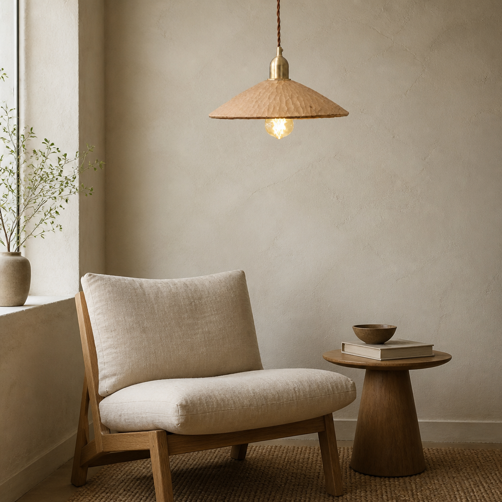 Hand-carved wooden pendant light in calm Wabi-Sabi interior corner