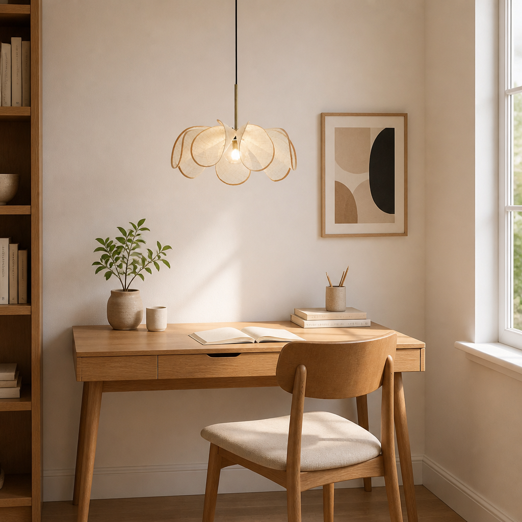 Natural cream petal pendant light in home study corner, 50 cm