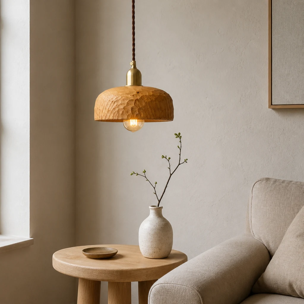 Natural Wood Wabi-Sabi pendant light in a neutral Japandi living zone