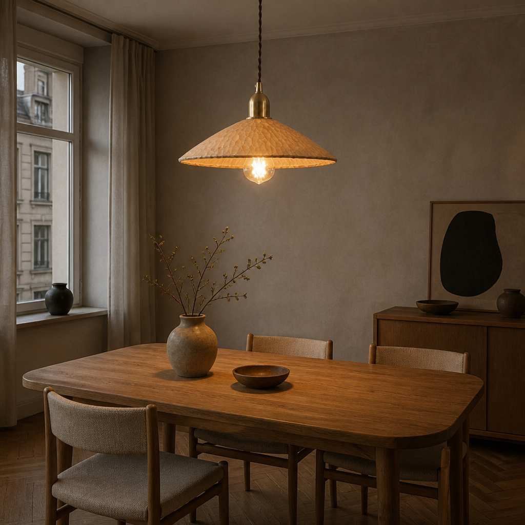 Natural wood hand-carved pendant light in Japandi dining room