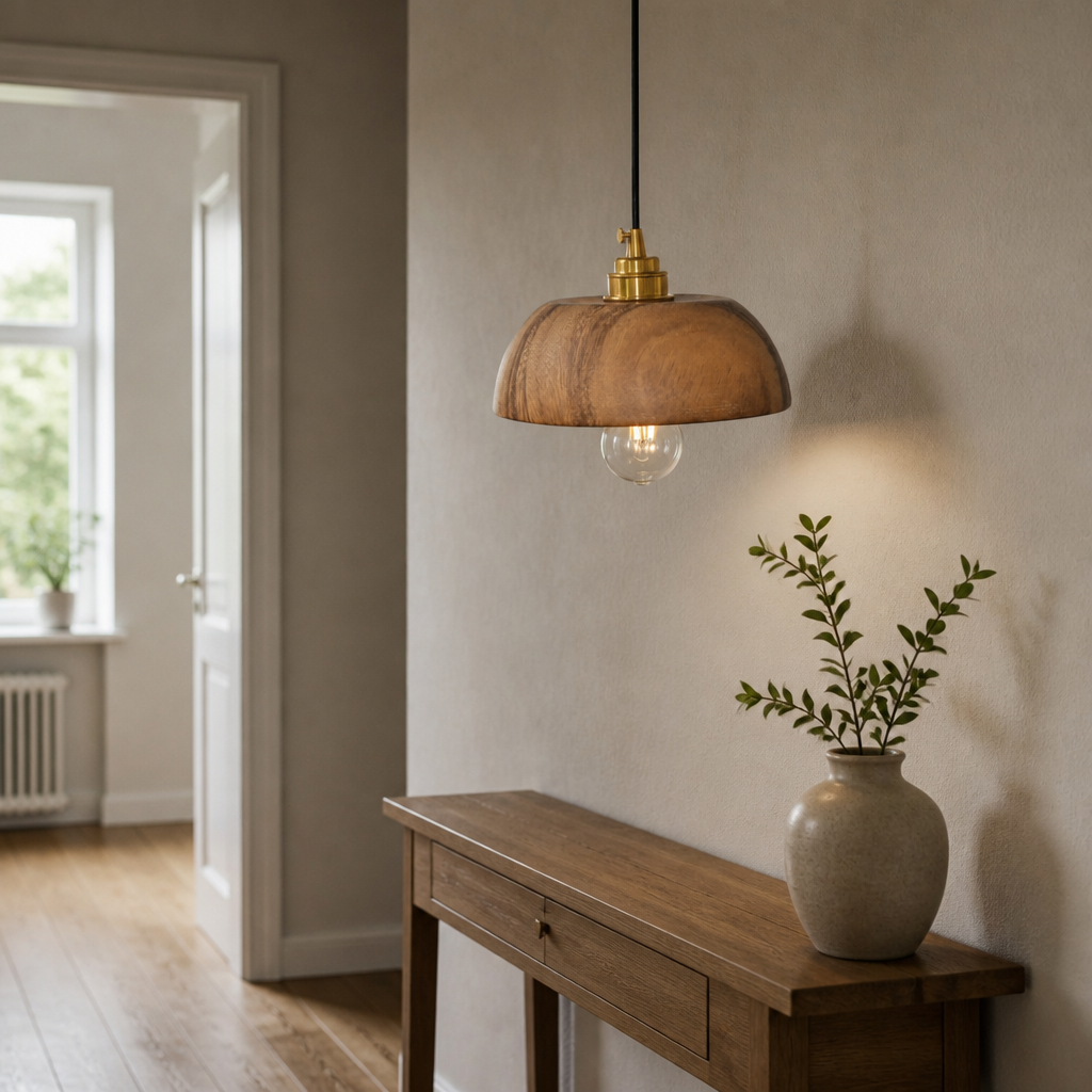 Walnut wood dome pendant above hallway console
