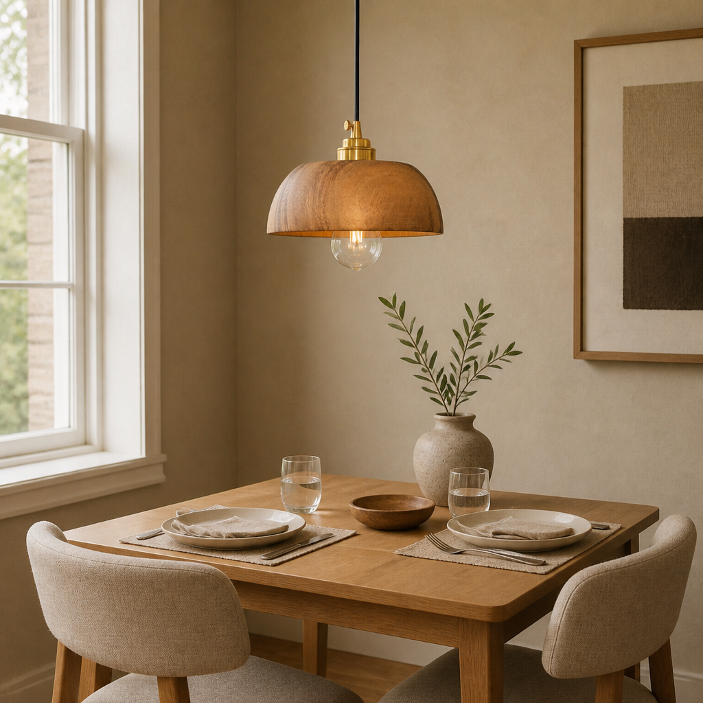 Walnut wood dome pendant above compact dining table