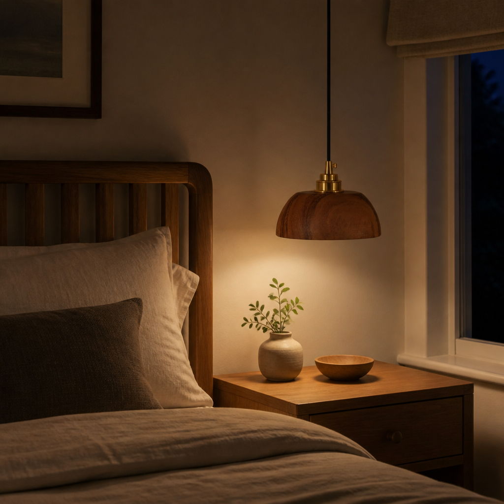 Walnut wood dome pendant over bedside nightstand at night