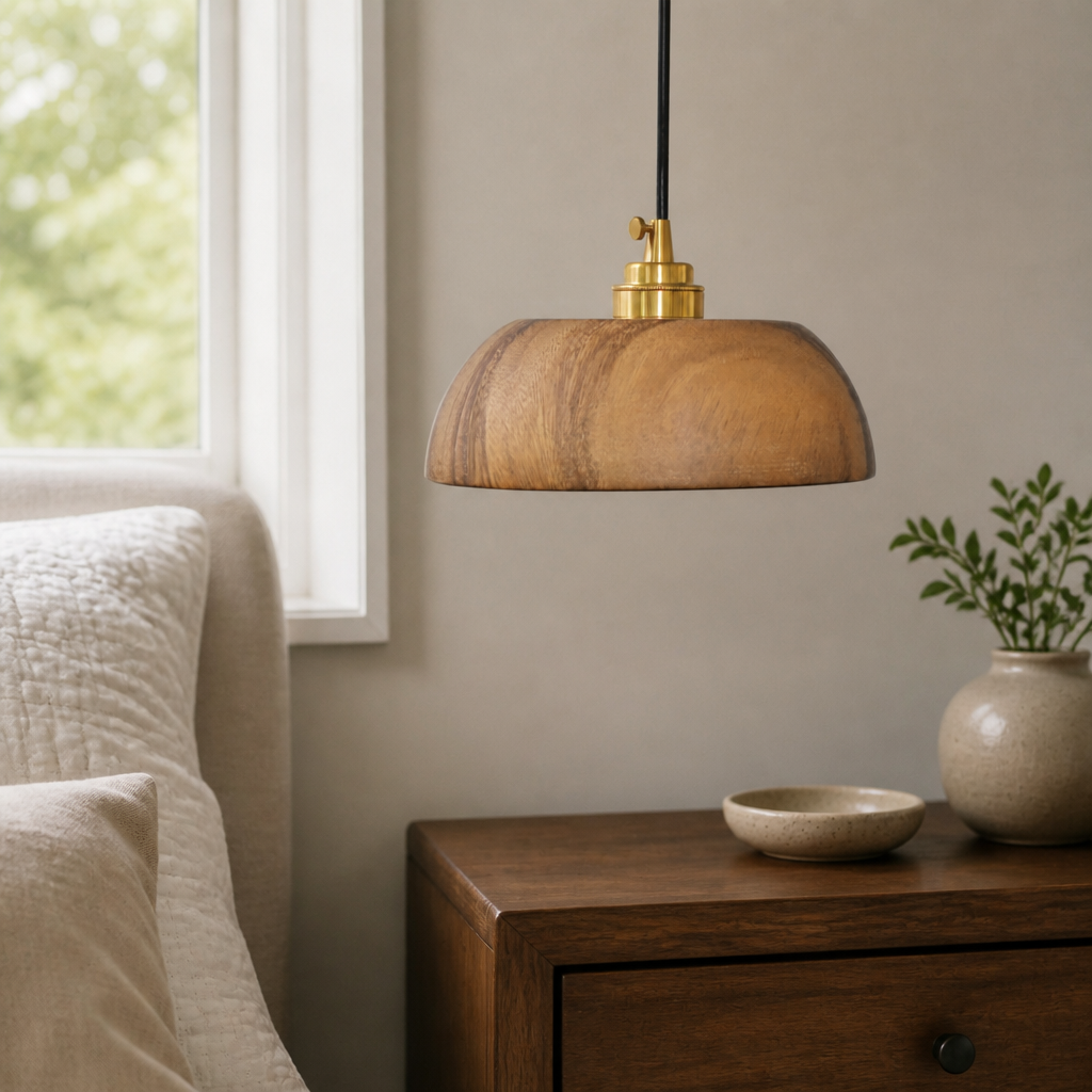 Compact 20 cm walnut dome pendant light scale next to nightstand