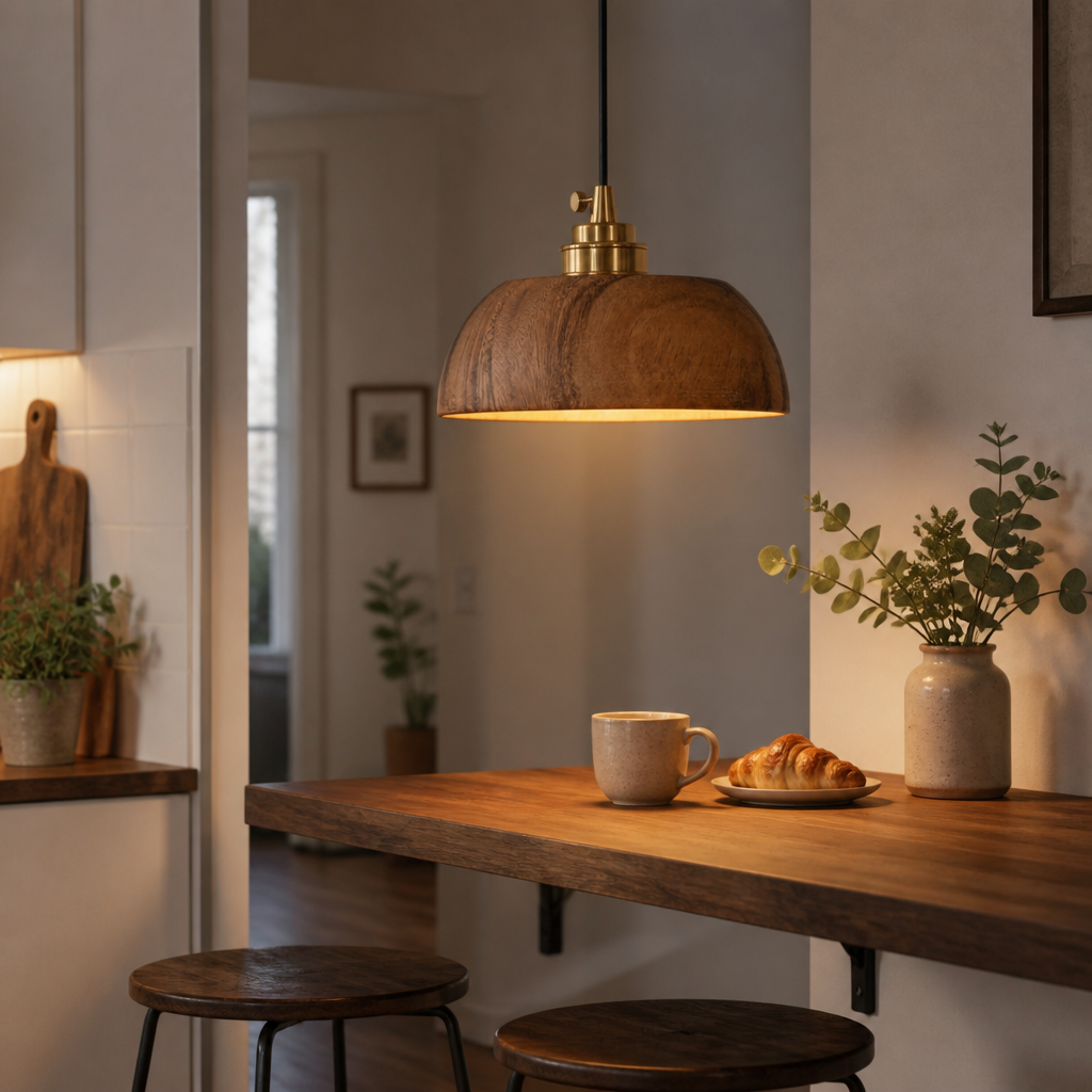 Walnut wood dome pendant light over kitchen breakfast bar, warm light