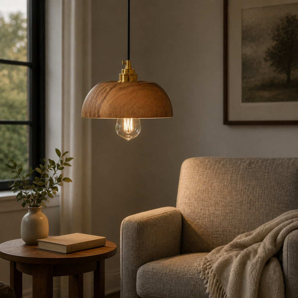 Walnut wood dome pendant in reading corner at evening