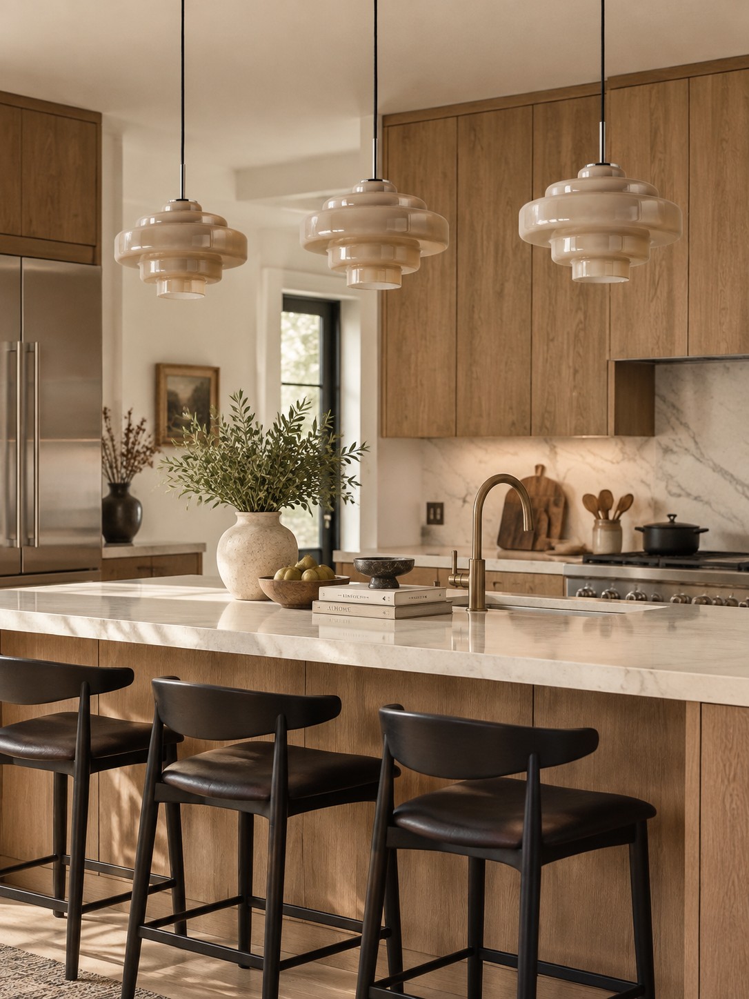 Lámpara colgante de cristal de cinco capas Koloro Millie escena de isla de cocina
