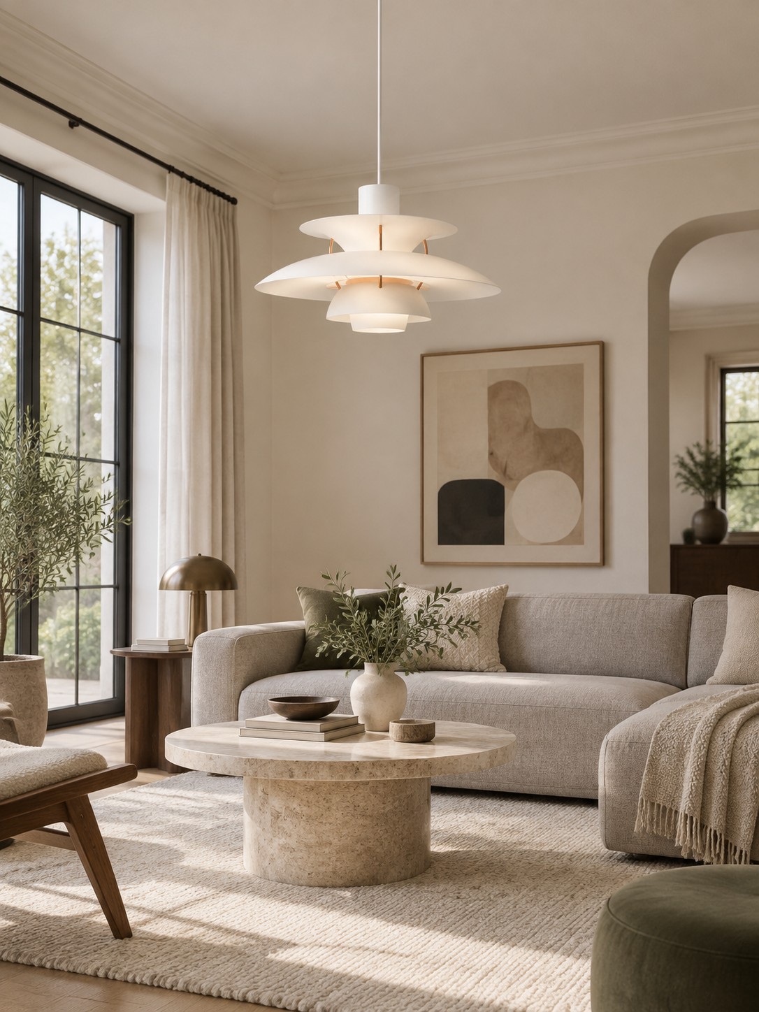Salón con colgante blanco