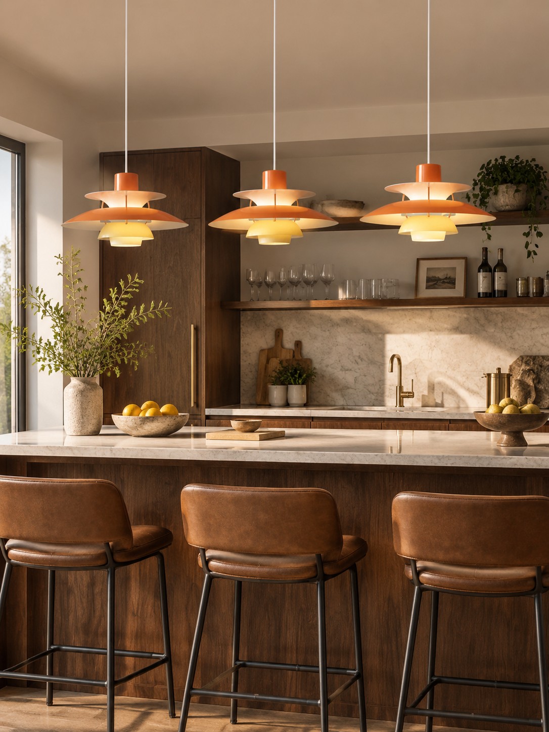 Isla de cocina con tres colgantes naranja