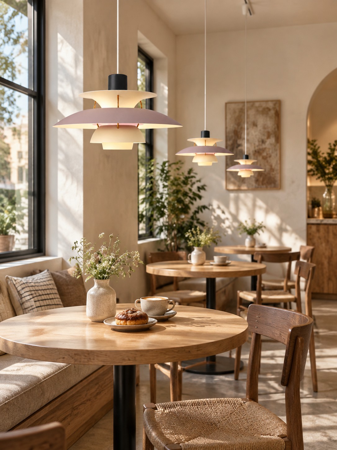 Café soleado con colgantes rosa empolvado