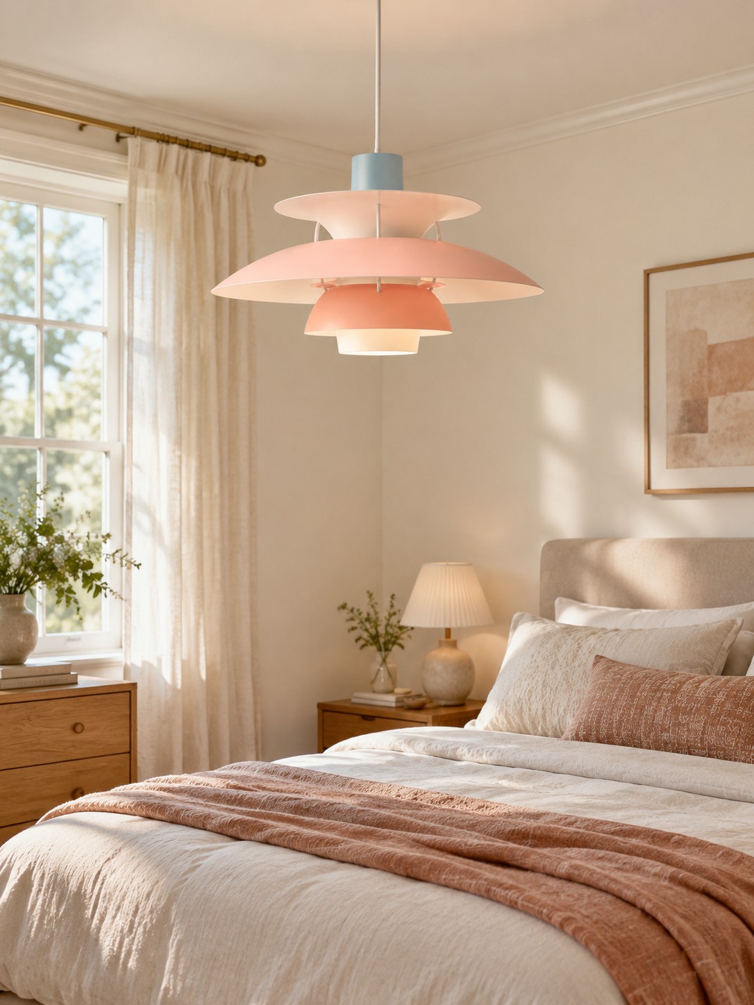 Dormitorio con colgante rosa pastel