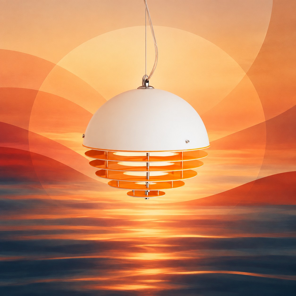 Pendente Afterglow Branco+Laranja contra um pôr do sol ao fundo.