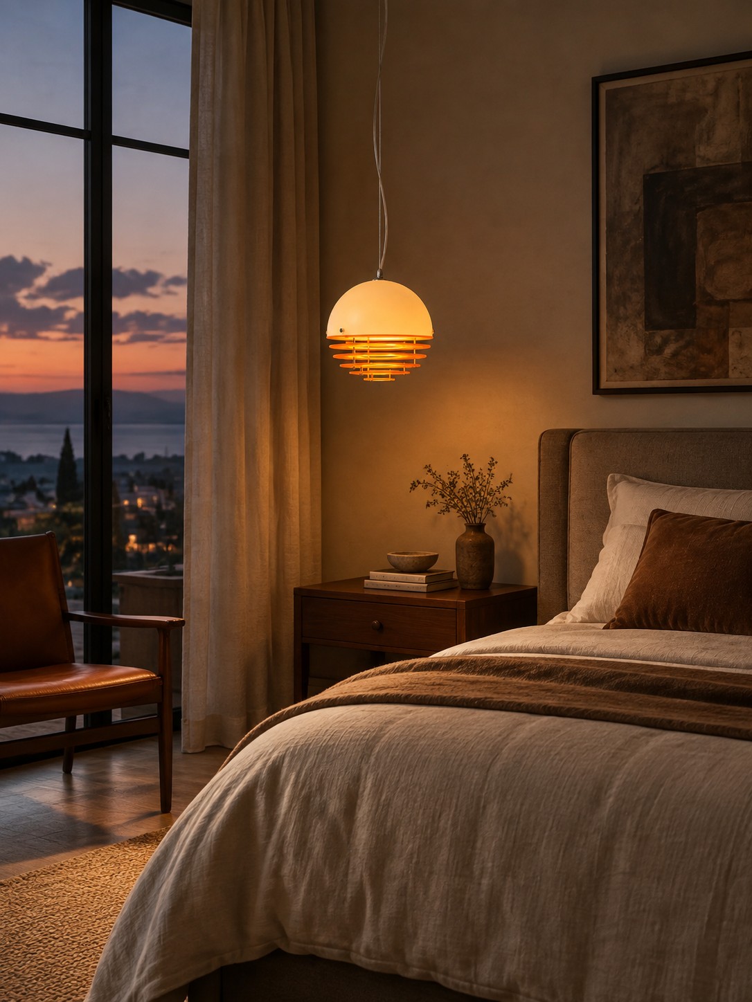 Luminária pendente Afterglow sobre a mesa de cabeceira do quarto.