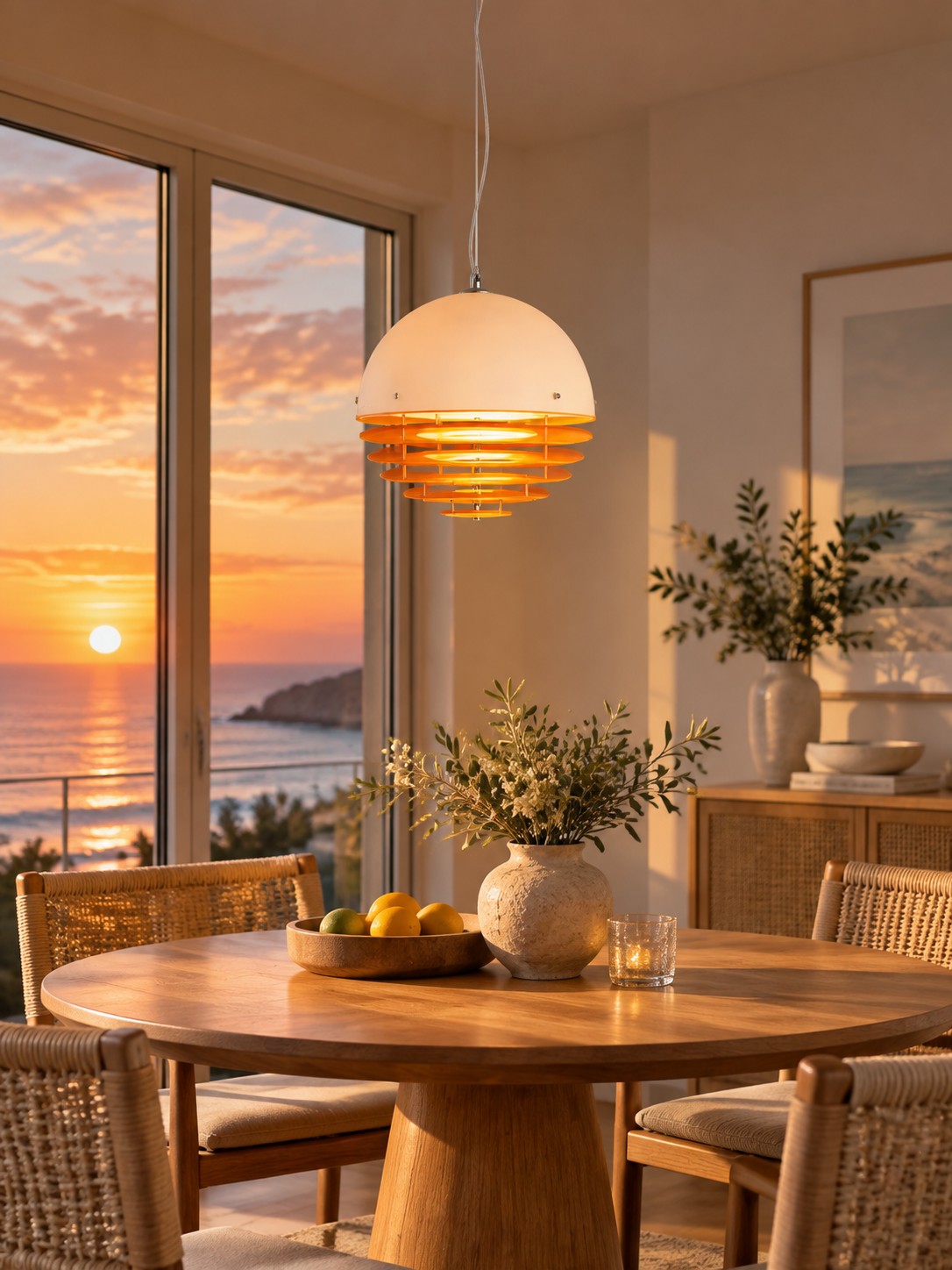 Luminária Afterglow sobre uma mesa de jantar redonda ao pôr do sol