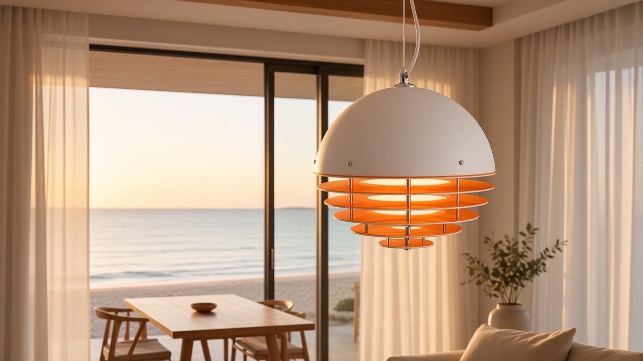 Pendente Afterglow em acrílico sobreposto, estilo pôr do sol, em uma sala de estar com vista para o mar.