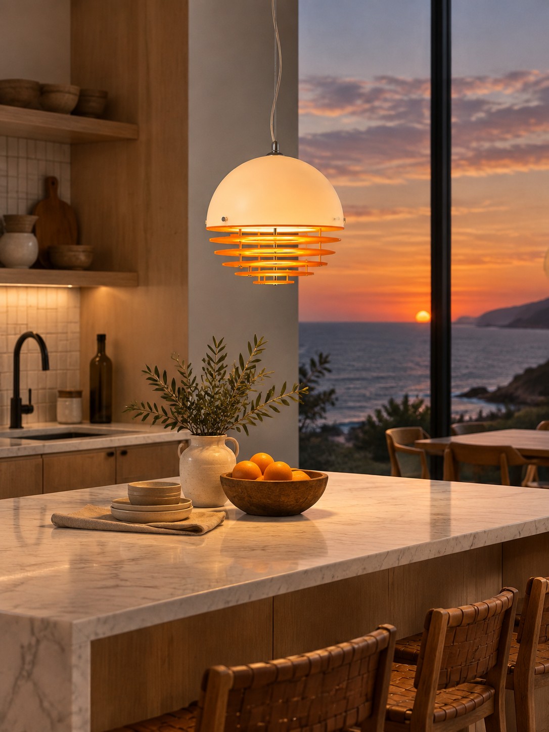 Pendente Afterglow sobre uma ilha de cozinha