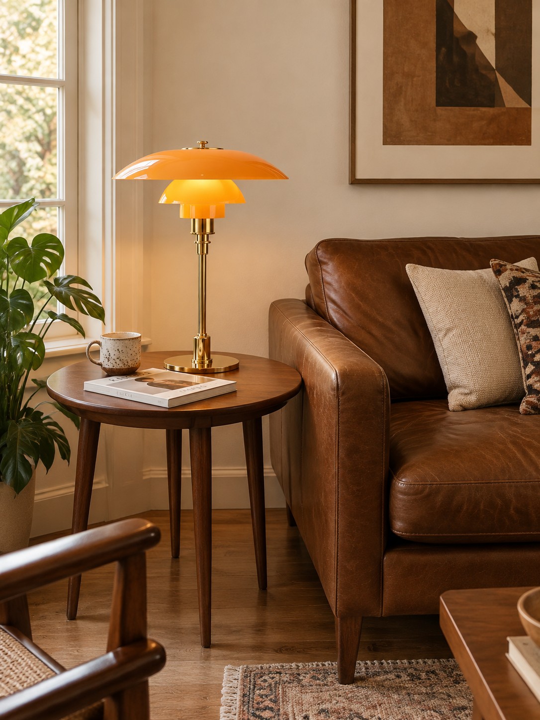 Lampada da tavolo danese color oro ambrato accanto al divano in pelle.
