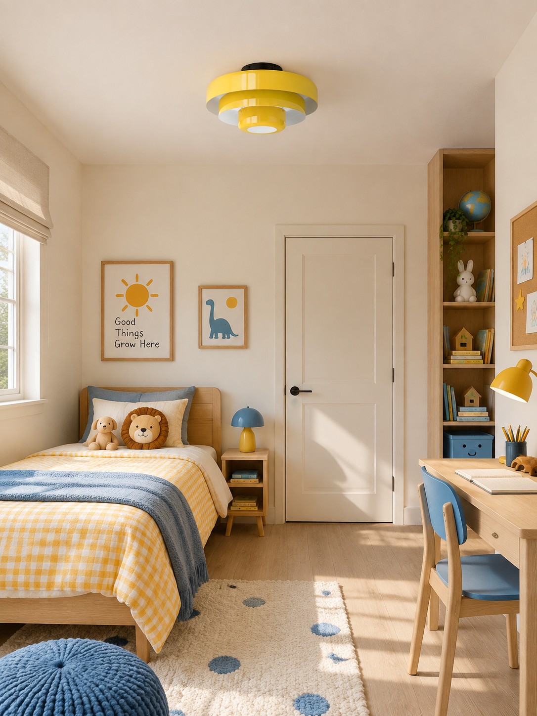 Lampadario giallo in stile Bauhaus per la cameretta dei bambini.