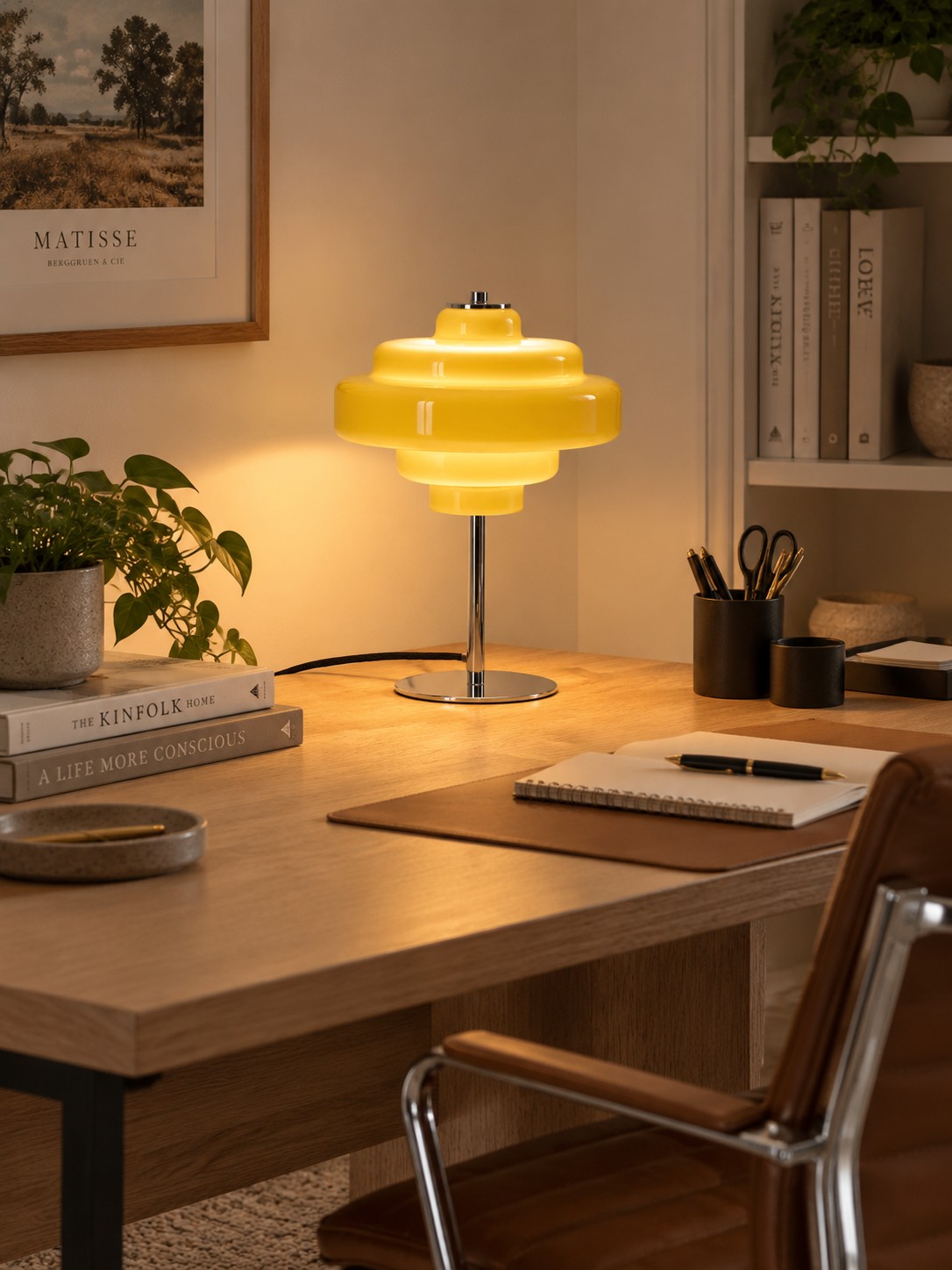Koloro gele glazen tafellamp op houten bureau