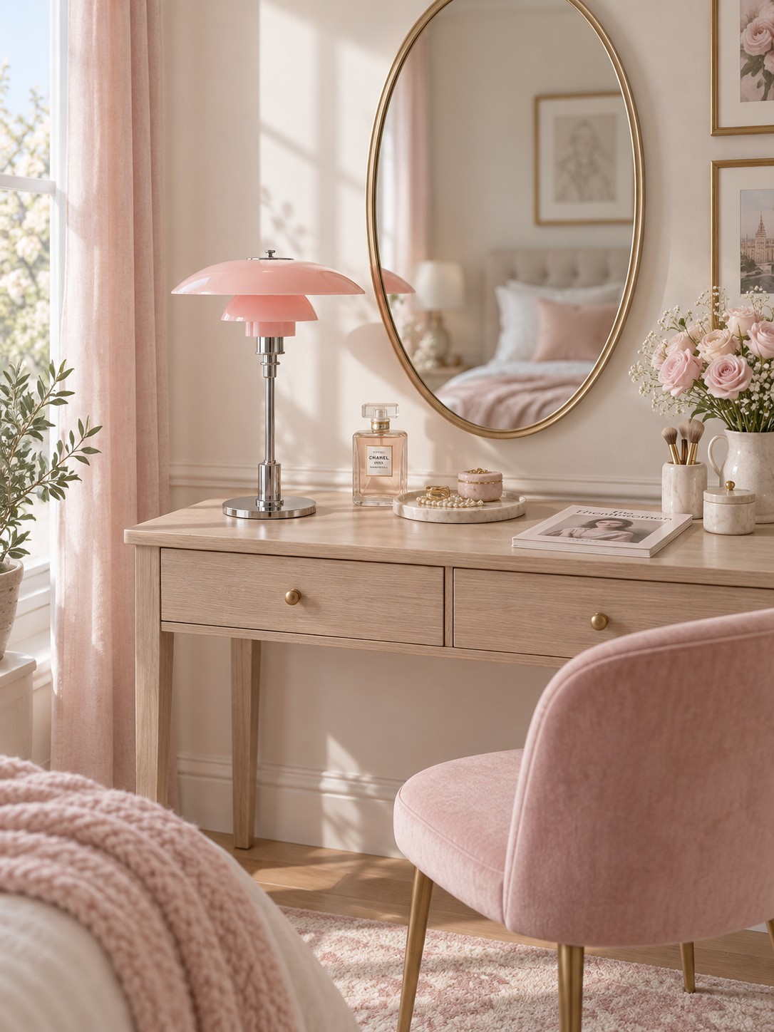 Lampada da tavolo danese rosa e argento sulla toeletta