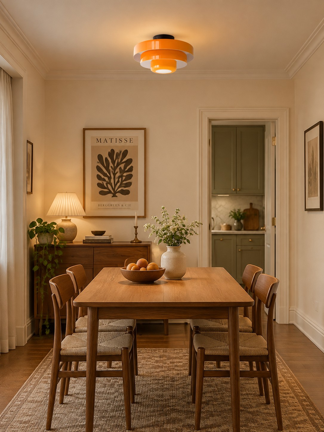 Lampada da soffitto arancione in stile Bauhaus sopra un tavolo da pranzo in legno.