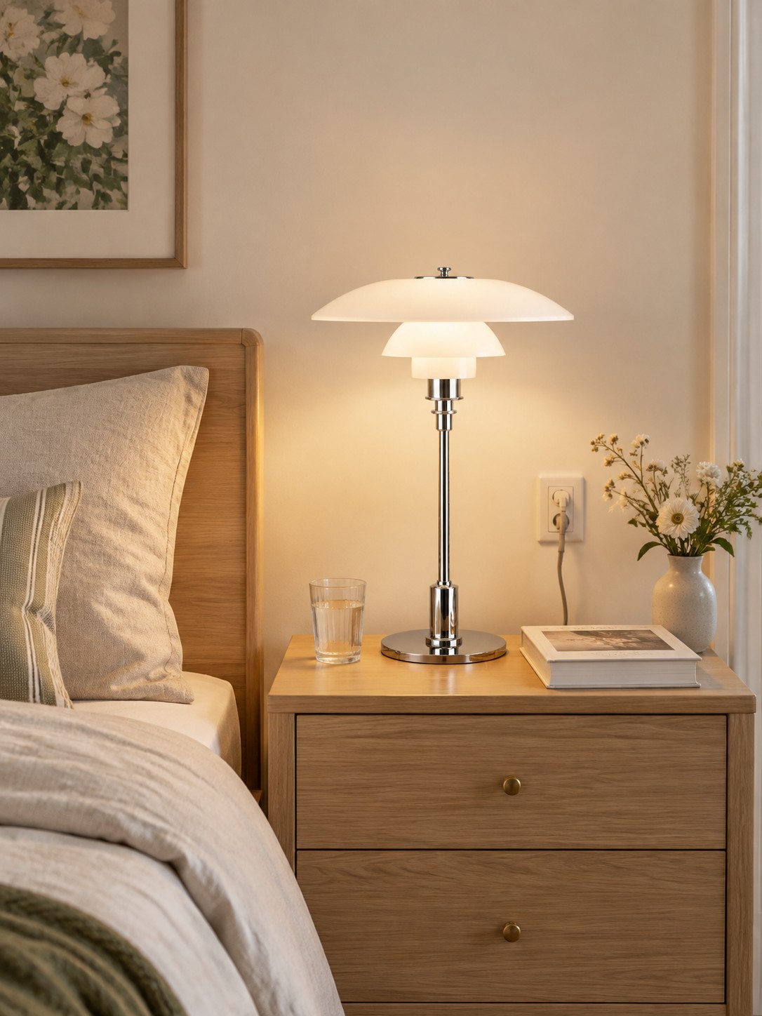 Lampada da tavolo danese bianco argento sul comodino della camera da letto.