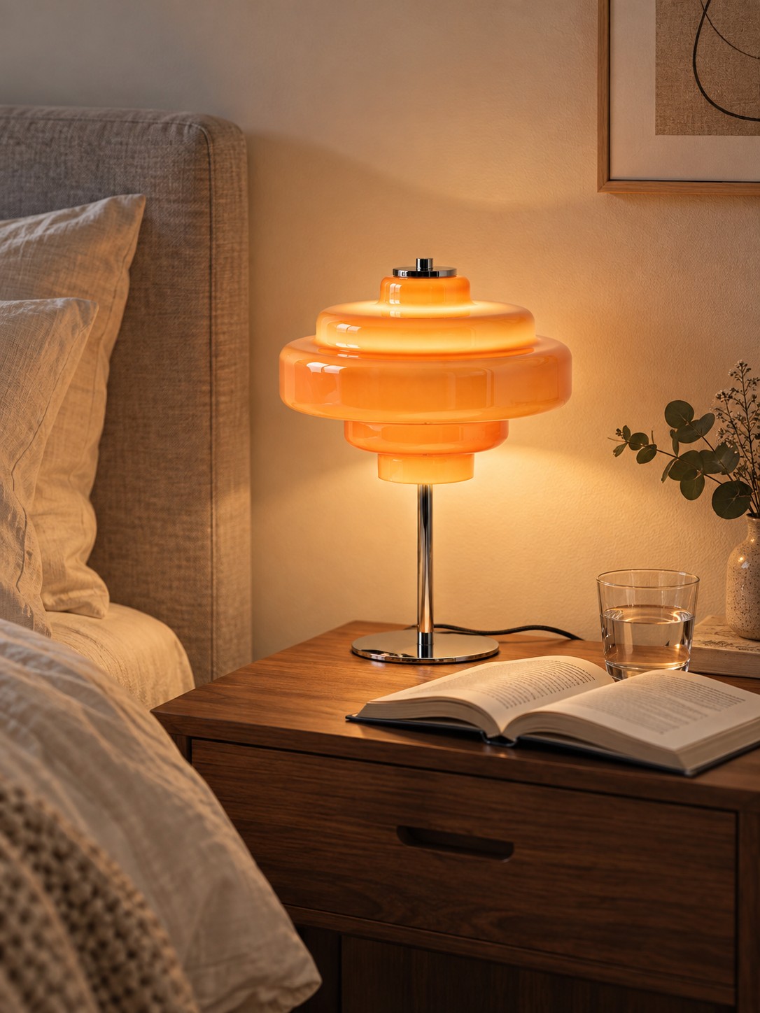 Koloro oranje glazen tafellamp op het nachtkastje in de slaapkamer