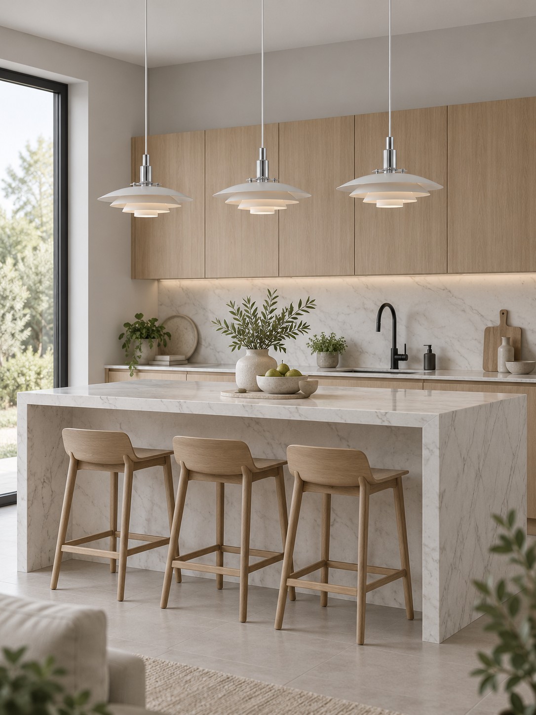 Três luminárias pendentes brancas Morandi sobre uma ilha de cozinha de mármore.