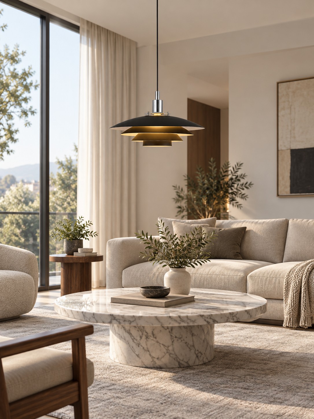 Luminária pendente Morandi preta sobre a mesa de centro da sala de estar.
