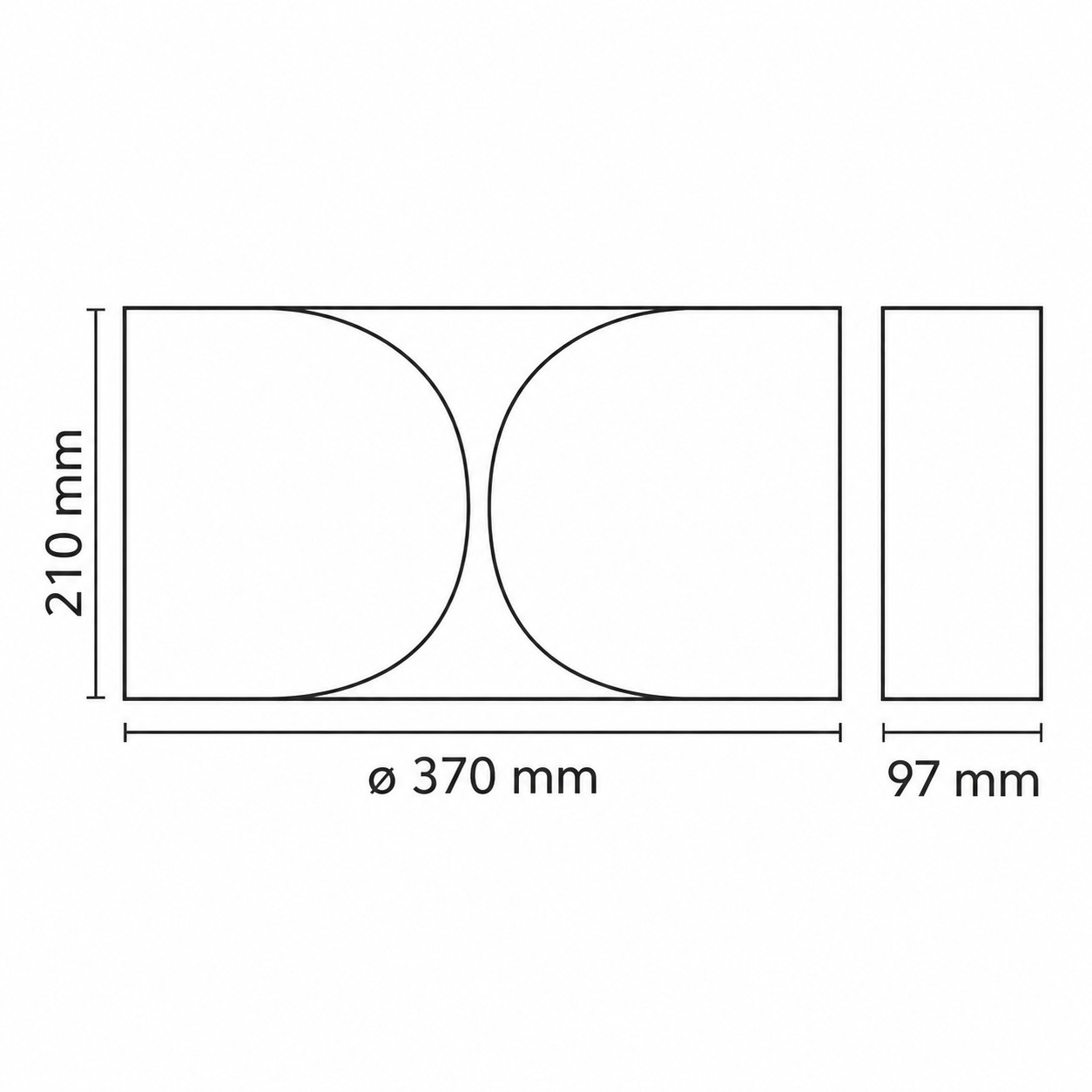 Dimensões do aplique de parede metálico: altura 210 mm, largura 370 mm, profundidade 97 mm