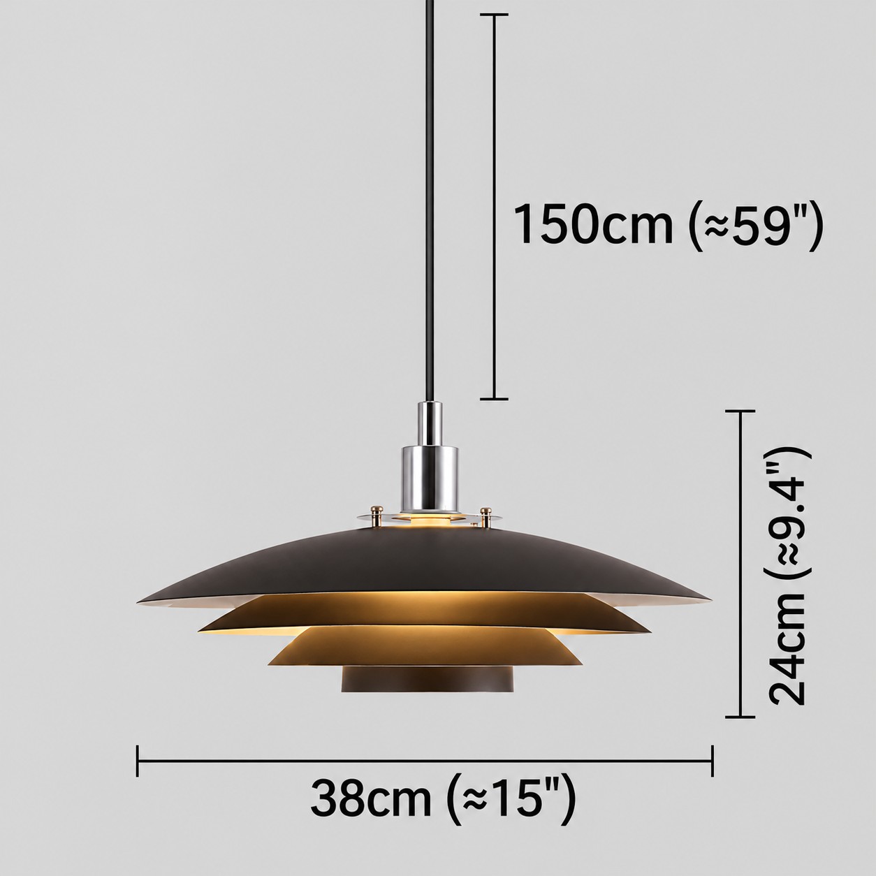 Dimensões do pendente Morandi: cabo de 150 cm, altura da cúpula de 24 cm, diâmetro de 38 cm.