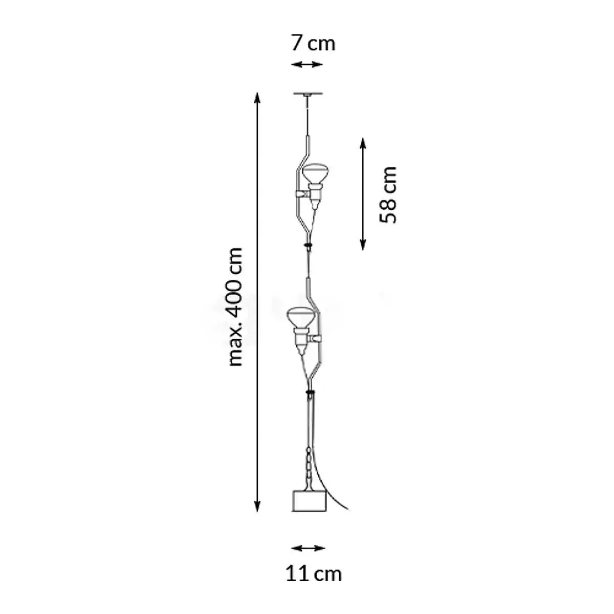 헤드 2개짜리 플로어 램프 사이즈 도표, 상단 7cm, 헤드 58cm, 받침대 11cm, 최대 높이 400cm