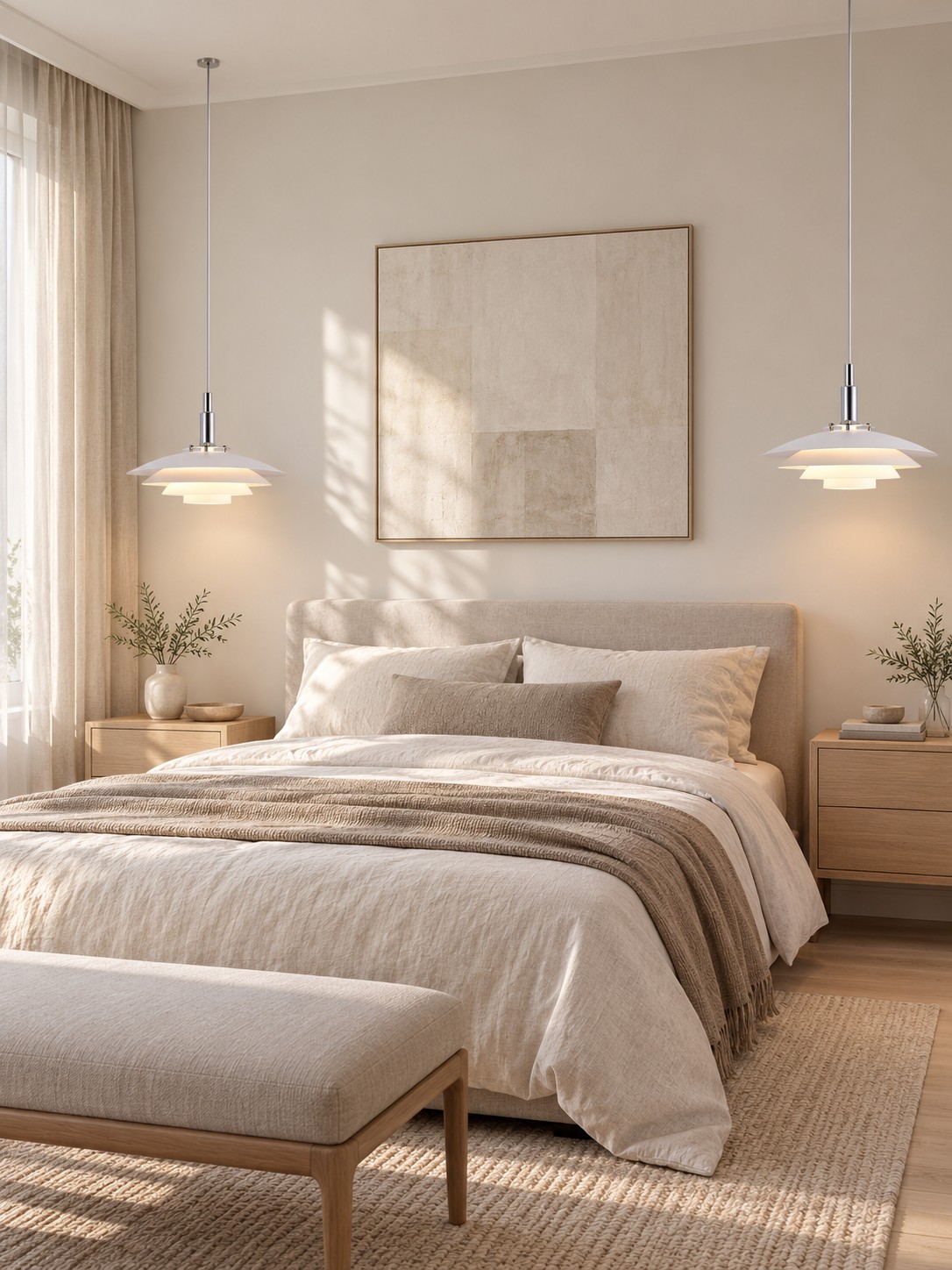 Dois pendentes brancos Morandi ladeando a cama do quarto.