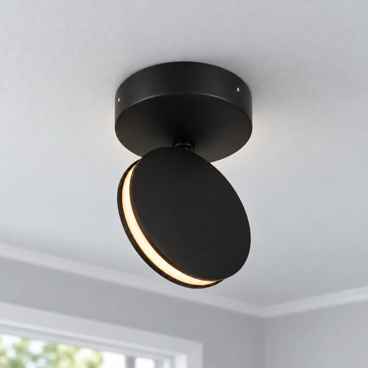 Black aluminium disc LED mounted on the ceiling
