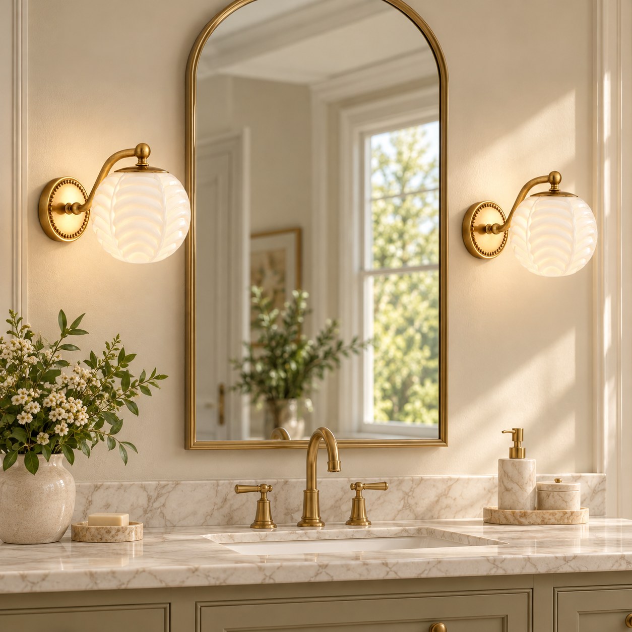 Two cream milk glass sconces on either side of a bathroom mirror